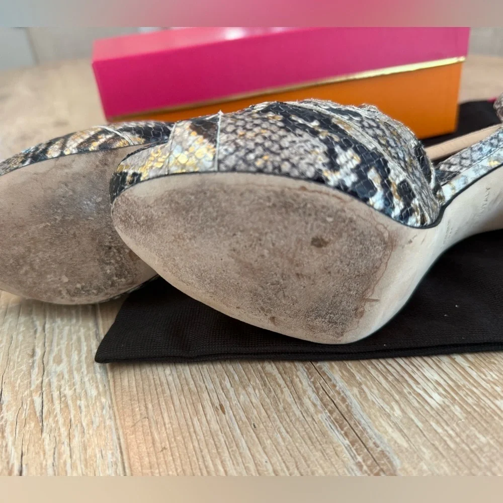 Kate Spade Italian platform neutral snake metallic open toe heels 9.5 EUC